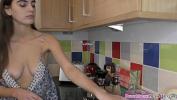 Bokep Video Busty babe with brunette hair and cute face enjoying her solo time in the kitchen with downblouse on period